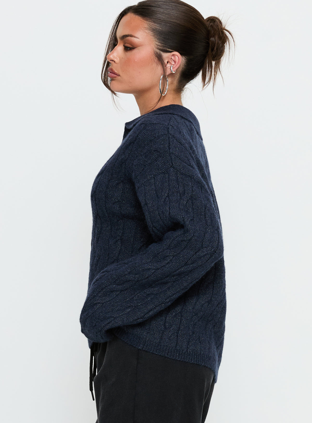 side view of model wearing Princess Polly Brodey Collared Cable Knit Sweater Navy Jumpers 