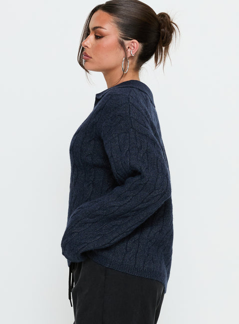 side view of model wearing Princess Polly Brodey Collared Cable Knit Sweater Navy Jumpers 
