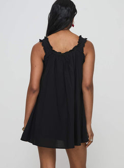 back view of model wearing Princess Polly Swing Mini Dress Black Square Neck 