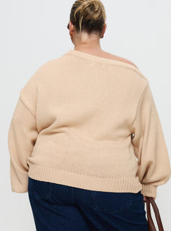 back view of model wearing Princess Polly Jadynn Off Shoulder Knit Sweater Cream Curve Jumpers 