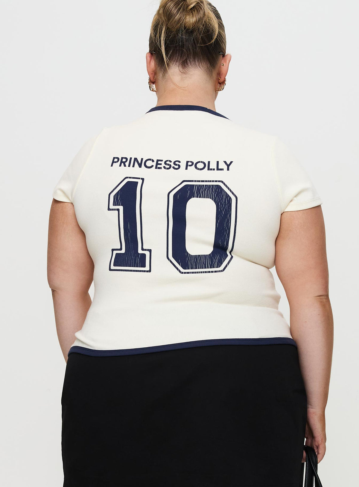 back view of model wearing Princess Polly Track Record Graphic Top Cream Curve Short Sleeves Crew Neck 