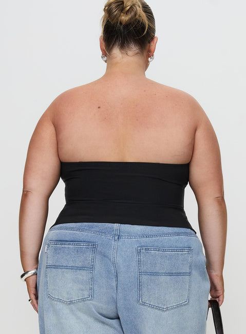 back view of model wearing Princess Polly Flounce Strapless Top Black Curve Sleeveless straight 
