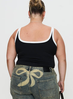 back view of model wearing Princess Polly Astrea Bodysuit Black / White Curve Sleeveless Bodysuit 
