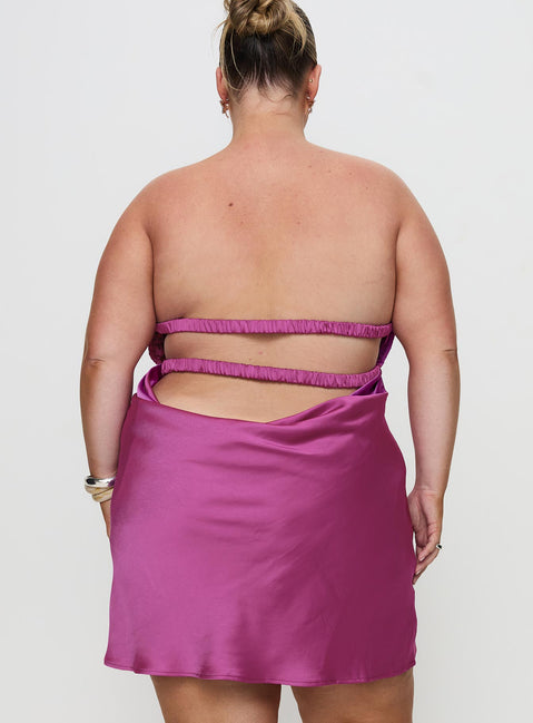 back view of model wearing Princess Polly Faviola Mini Dress Purple Curve Sweetheart Neckline 