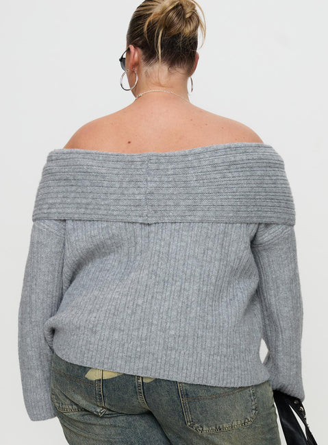 back view of model wearing Princess Polly Snowie Off Shoulder Knit Sweater Grey Curve Jumpers 