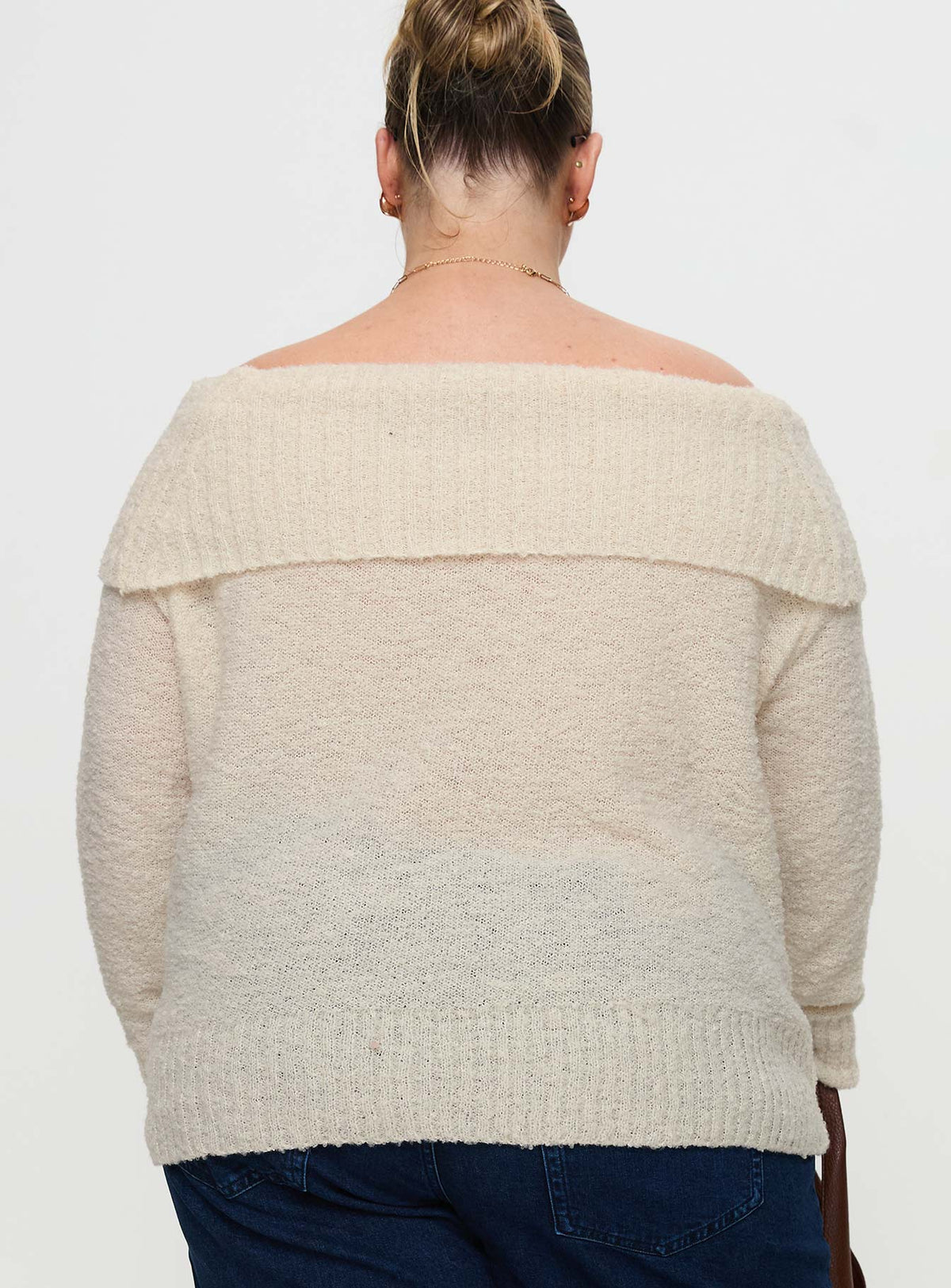 back view of model wearing Princess Polly Parkley Boucle Off The Shoulder Cream Curve Jumpers 