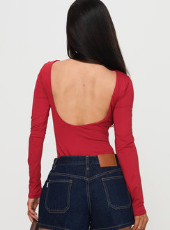 back view of model wearing Princess Polly Beresford Long Sleeve Bodysuit Wine Long Sleeve Tops Bodysuit 