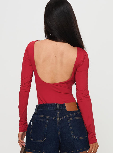 back view of model wearing Princess Polly Beresford Long Sleeve Bodysuit Wine Long Sleeve Tops Bodysuit 