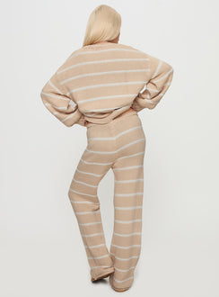 back view of model wearing Princess Polly Read Your Mind Knit Pant Cream Stripe High Rise Pants Pants 