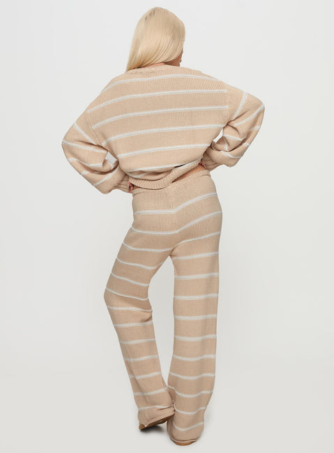 back view of model wearing Princess Polly Read Your Mind Knit Pant Cream Stripe High Rise Pants Pants 