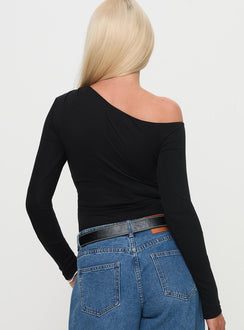 back view of model wearing Princess Polly Miyako Long Sleeve Bodysuit Black Long Sleeve Tops Bodysuit 