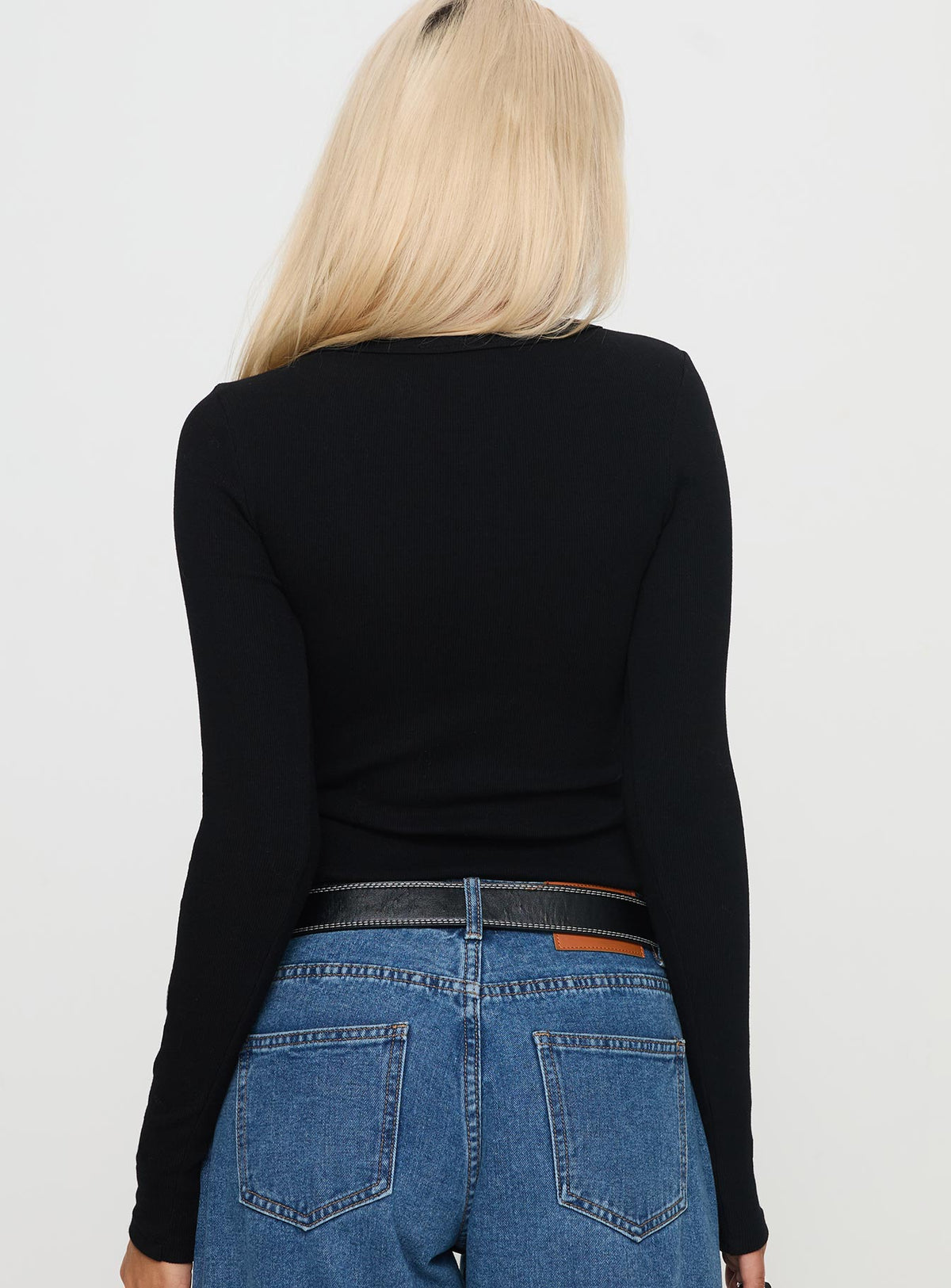 back view of model wearing Princess Polly Passoni Long Sleeve Top Black Full Sleeves Crew Neck 