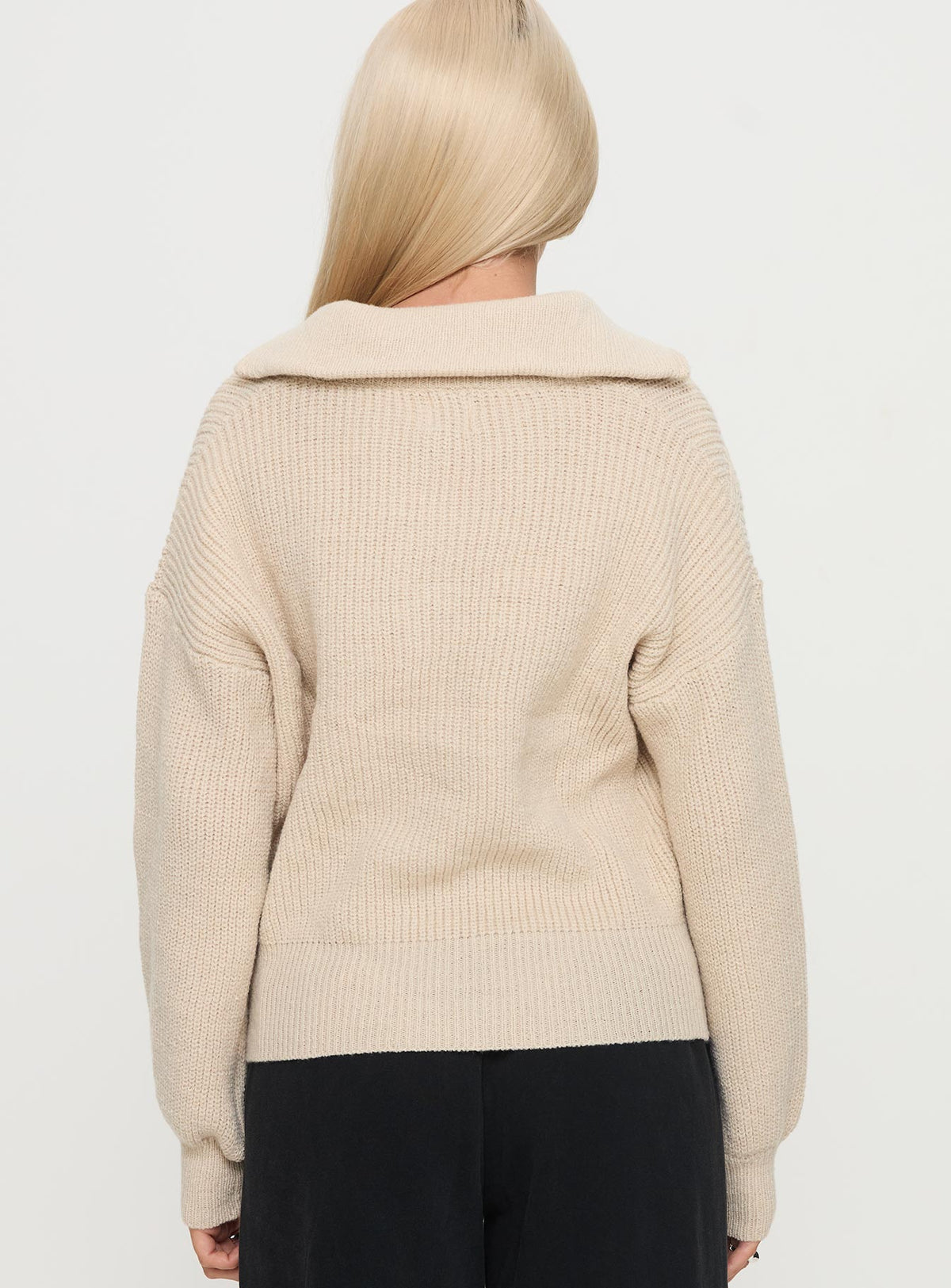 back view of model wearing Princess Polly Fireheart Zip Through Knit Sweater Beige Cropped Jumpers Jumpers 