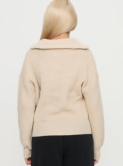 back view of model wearing Princess Polly Fireheart Zip Through Knit Sweater Beige Cropped Jumpers Jumpers 
