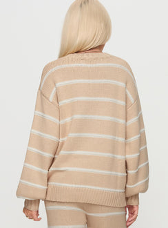 back view of model wearing Princess Polly Read Your Mind Knit Sweater Cream Stripe Jumpers 