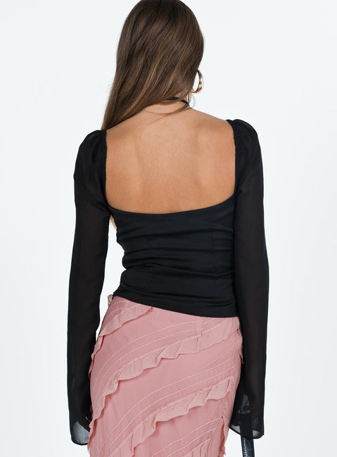 back view of model wearing Princess Polly Pavel Long Sleeve Satin Top Black Full Sleeves Sweetheart 
