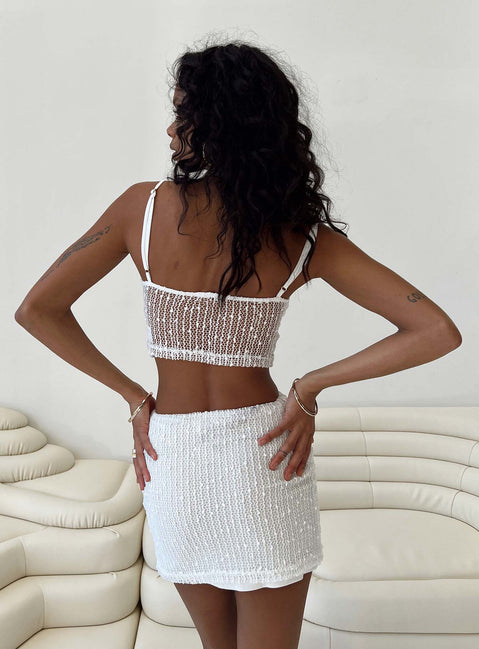 Matching set Crochet knit material Crop top Adjustable shoulder straps V neckline Mini skirt Thin elasticated band at waist Good stretch  Partially lined