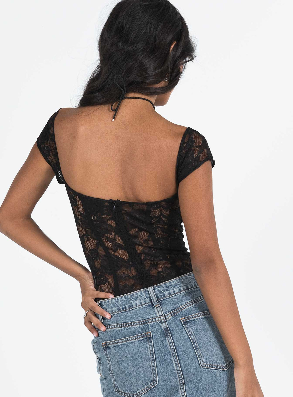 back view of model wearing Princess Polly Cadrot Lace Bodysuit Black Short Sleeve Bodysuit 