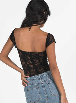 back view of model wearing Princess Polly Cadrot Lace Bodysuit Black Short Sleeve Bodysuit 