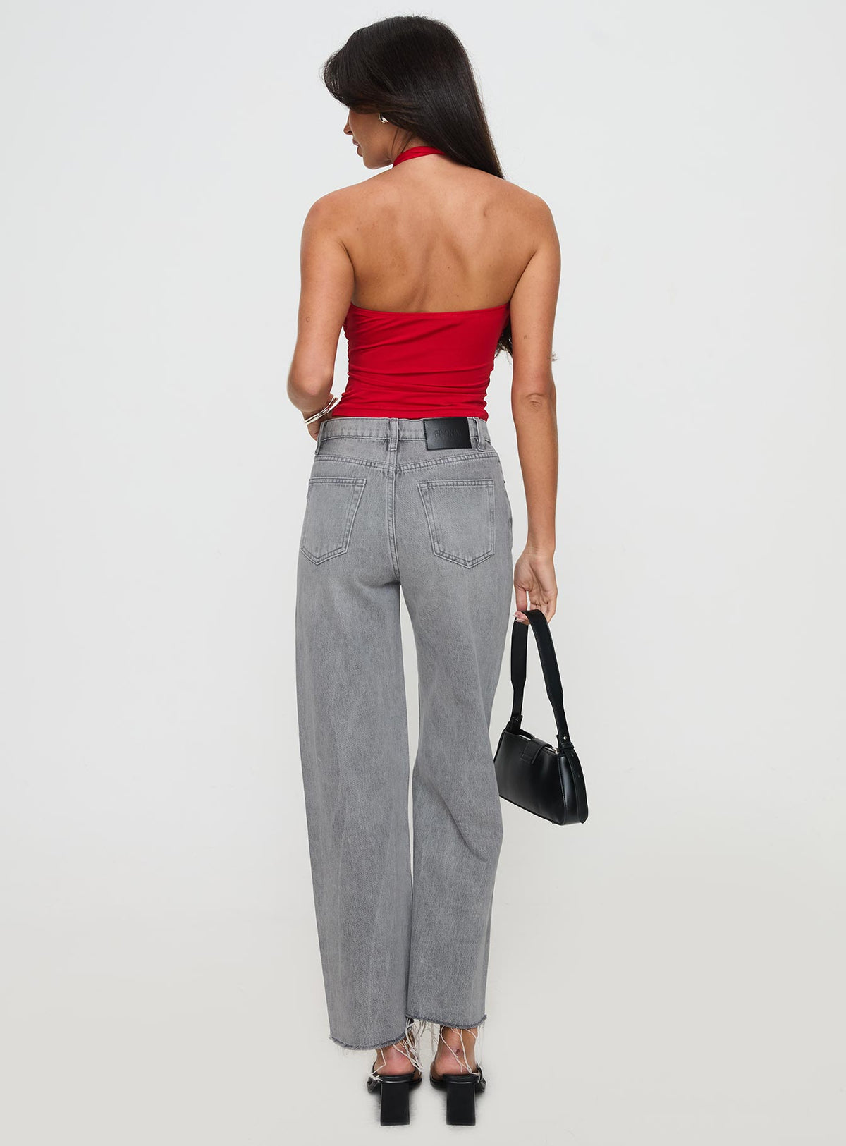 back view of model wearing Princess Polly Fawcett Jeans Grey Wash Denim High Rise Jeans Jeans 