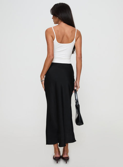 back view of model wearing Princess Polly Haley Maxi Skirt Black Maxi Skirts Skirts 