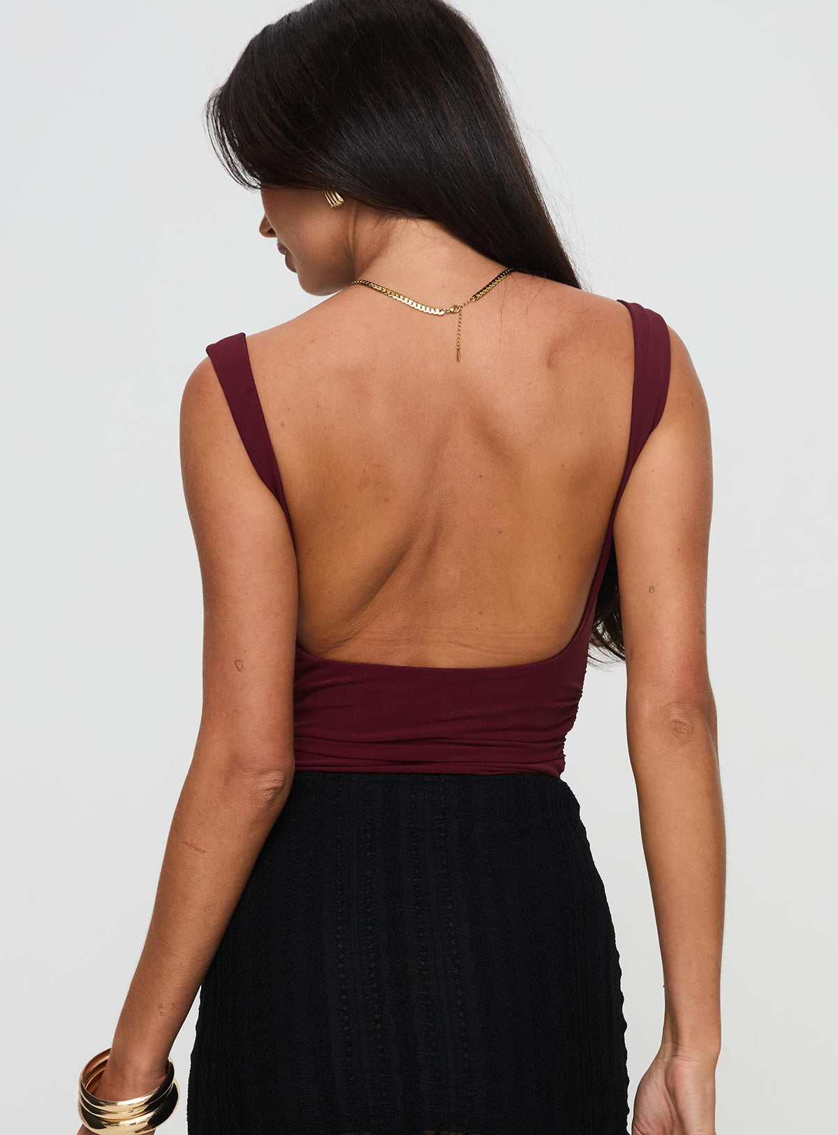 back view of model wearing Princess Polly Morgane Mesh Bodysuit Burgundy Sleeveless Bodysuit 