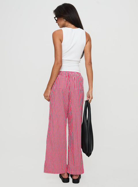 back view of model wearing Princess Polly Beach House Pants Red Gingham High Rise Pants Pants 