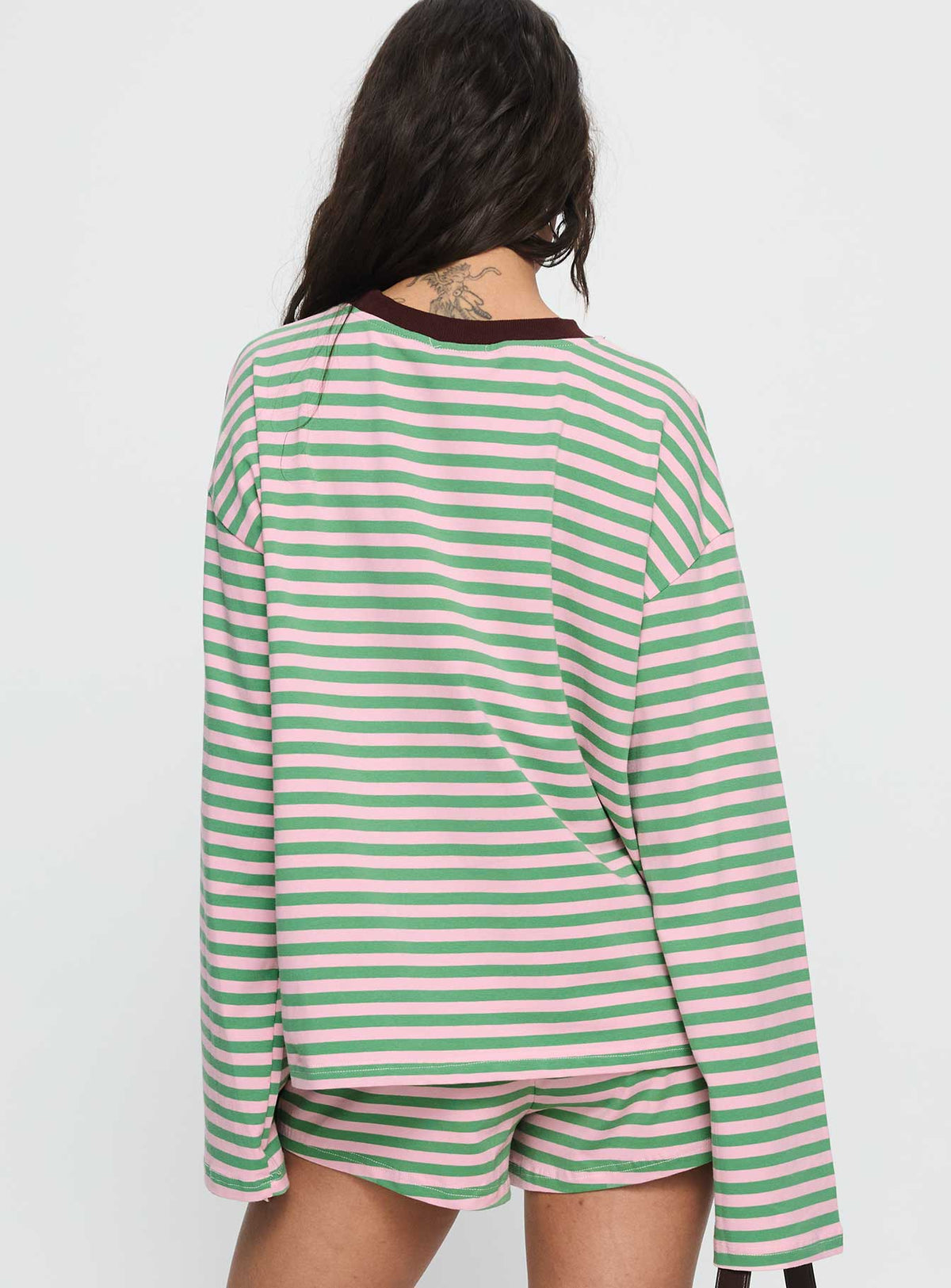 Settle Down Long Sleeve Top Green / Pink Stripe