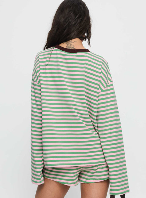 Settle Down Long Sleeve Top Green / Pink Stripe
