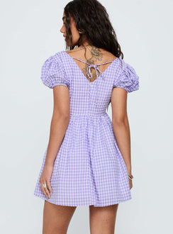 Chavelle Puff Sleeve Mini Dress Purple Check