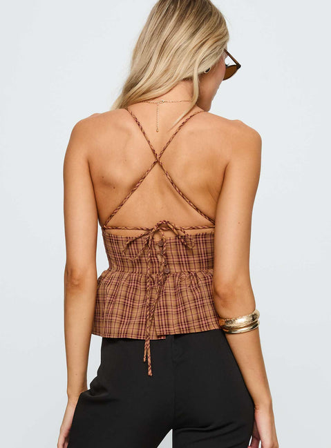 back view of model wearing Princess Polly Croatia Frill Top Brown Check Sleeveless V-Neck 