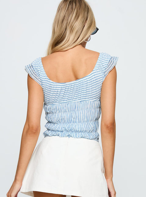 back view of model wearing Princess Polly Ahead Of Myself Off Shoulder Bodysuit Blue Stripe Short Sleeve Bodysuit 