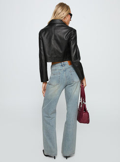 back view of model wearing Princess Polly Echo Park High Rise Straight Leg Jeans Vintage Wash Mid Rise Jeans Jeans 