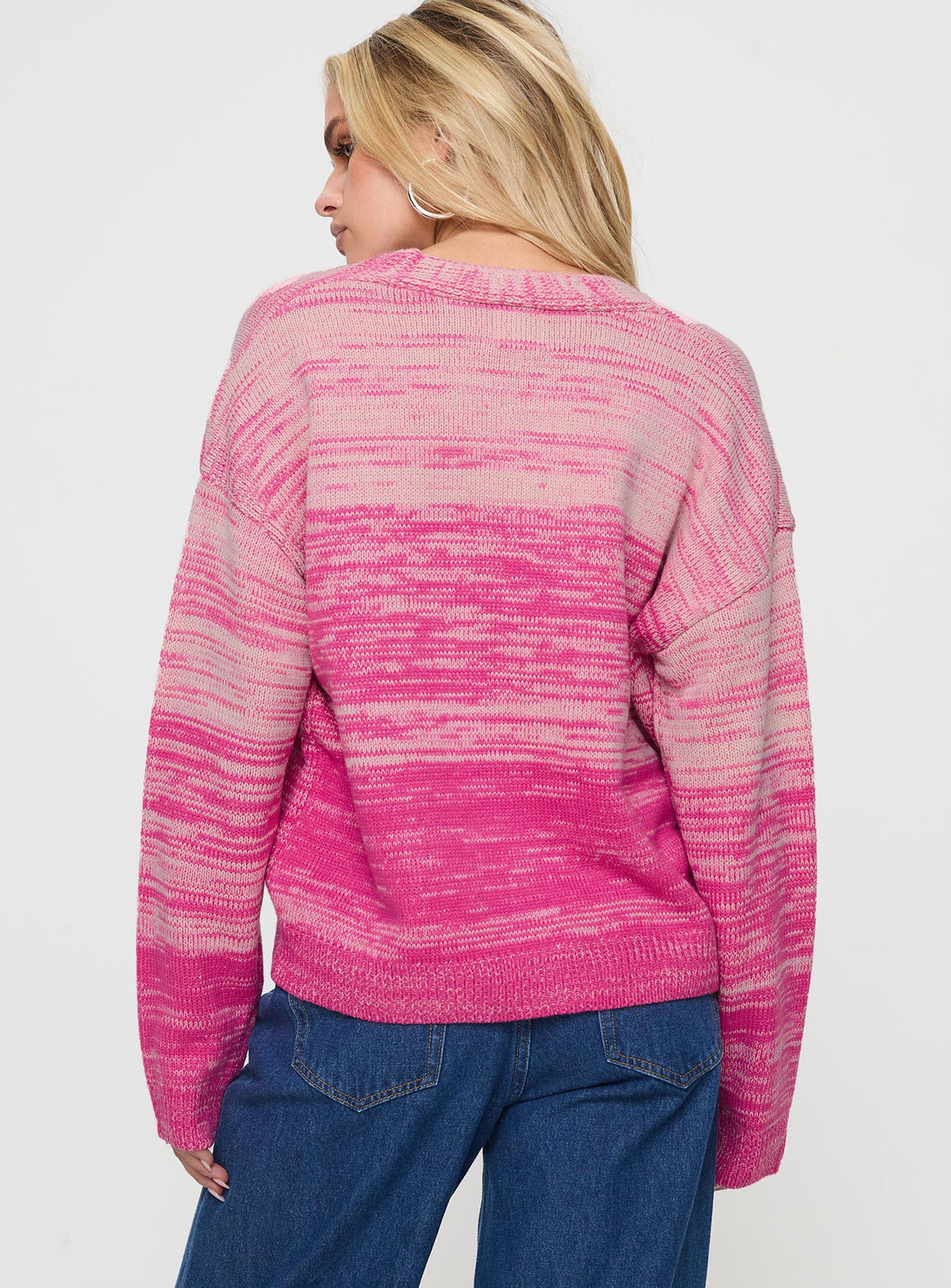 back view of model wearing Princess Polly Emikio Cardigan Ombre Pink regular Jumpers 