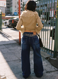 back view of model wearing Princess Polly Savenna Mid Rise Wide Leg Jeans Dark Wash / Leopard High Rise Jeans Jeans 