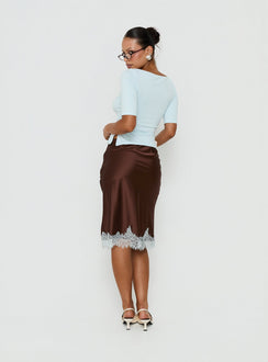 Presenting graceful silhouette, Miriza Lace Trim Midi Skirt Chocolate / Blue womens-skirts in fitted a-line design back view of model wearing Princess Polly