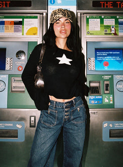 front view of model wearing Princess Polly Big Star Knit Sweater Black Cropped Jumpers Jumpers 