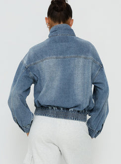 Alfea Funnel Neck Denim Bomber Jacket Mid Blue Wash