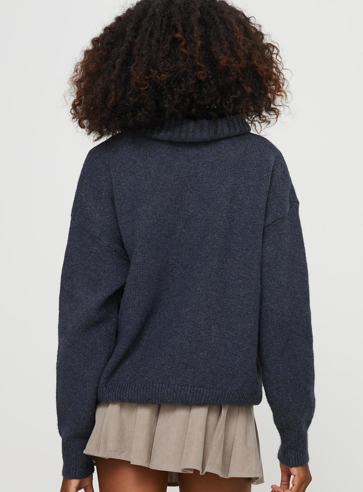 back view of model wearing Princess Polly Oswin Turtleneck Sweater Navy Longline Jumpers Jumpers 