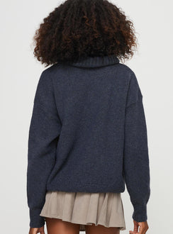 back view of model wearing Princess Polly Oswin Turtleneck Sweater Navy Longline Jumpers Jumpers 