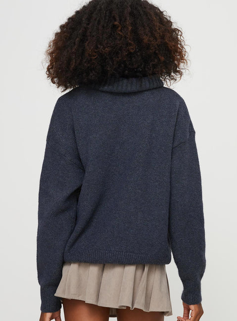 back view of model wearing Princess Polly Oswin Turtleneck Sweater Navy Longline Jumpers Jumpers 