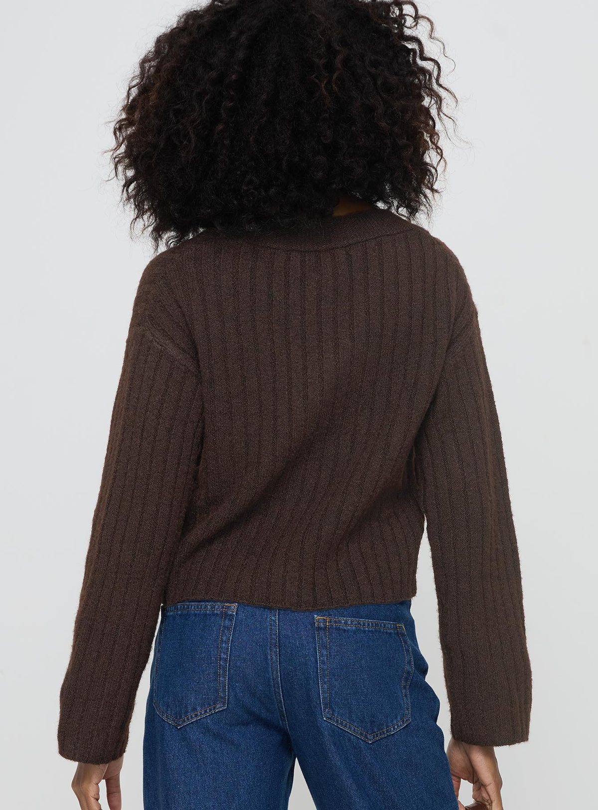 back view of model wearing Princess Polly Romona Knit Cardigan Chocolate Cropped Jumpers Jumpers 