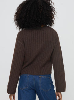 back view of model wearing Princess Polly Romona Knit Cardigan Chocolate Cropped Jumpers Jumpers 