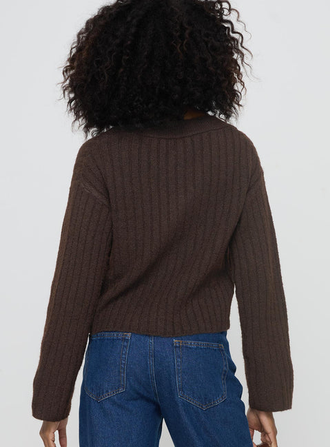 back view of model wearing Princess Polly Romona Knit Cardigan Chocolate Cropped Jumpers Jumpers 