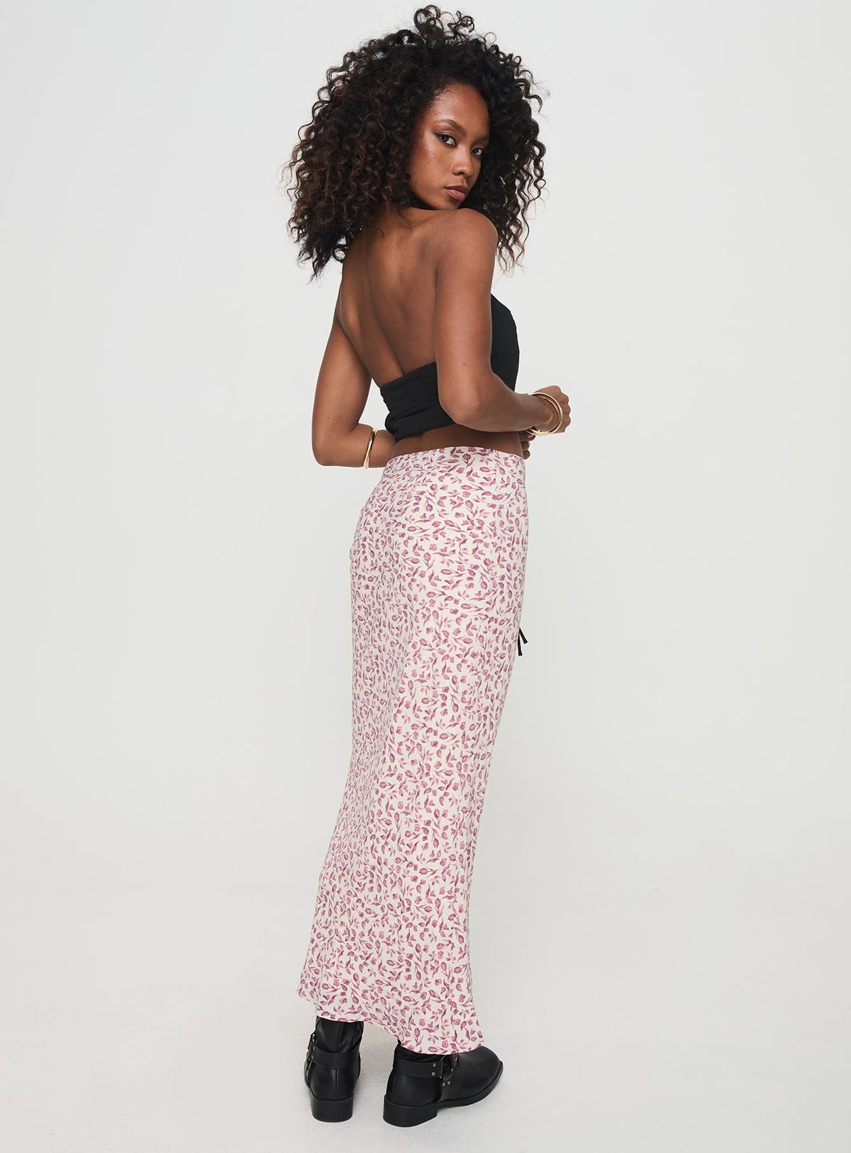 back view of model wearing Princess Polly Mariposa Maxi Skirt Beige Floral Maxi Skirts Skirts 