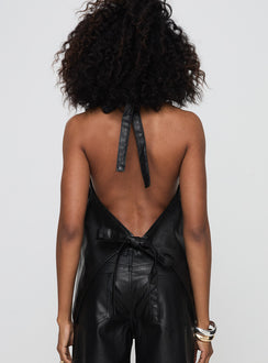 back view of model wearing Princess Polly Hills Halter Onyx Sleeveless V-Neck 