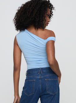 back view of model wearing Princess Polly Beller Bodysuit Blue Short Sleeve Bodysuit 