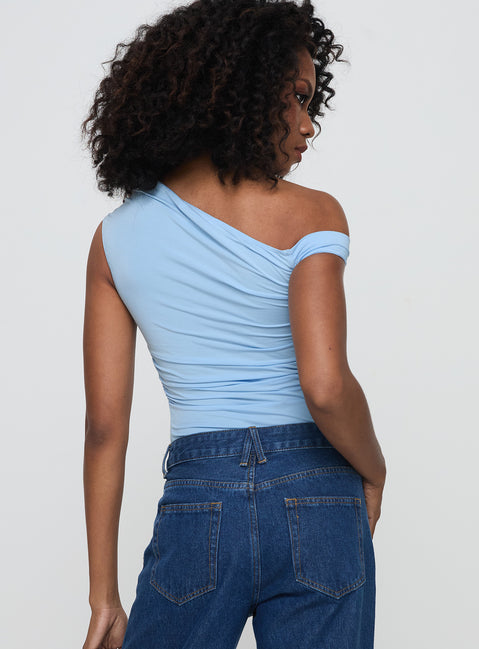 back view of model wearing Princess Polly Beller Bodysuit Blue Short Sleeve Bodysuit 
