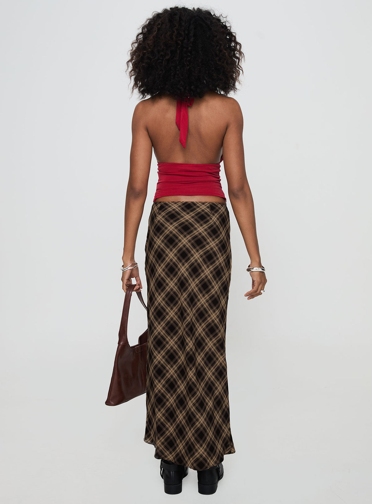 back view of model wearing Princess Polly Hayze Maxi Skirt Brown Check Maxi Skirts Skirts 
