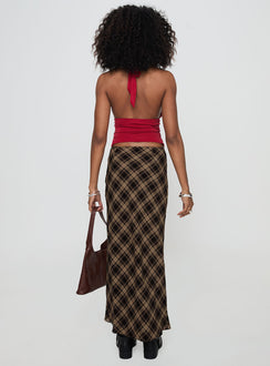 back view of model wearing Princess Polly Hayze Maxi Skirt Brown Check Maxi Skirts Skirts 